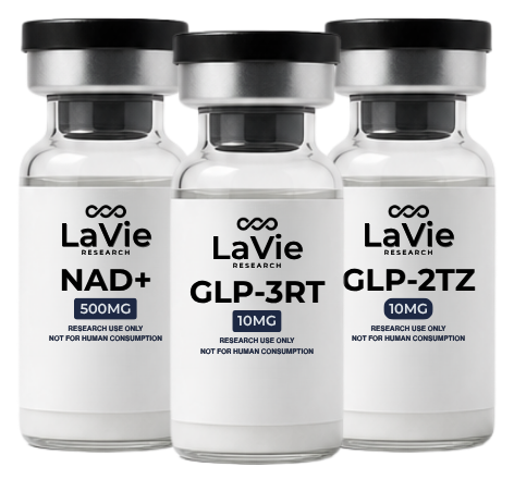 LaVie Research peptide vials — NAD+, GLP-3RT, GLP-2TZ